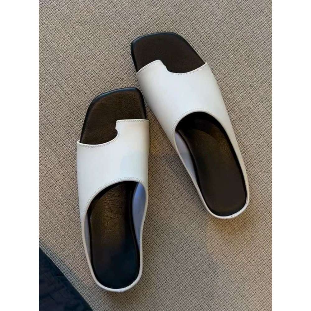 Cowhide Version ~ Korean Casual Square Slip-On for Women Outdoor Wear 2025 Summer Open Toe Flat Sandals