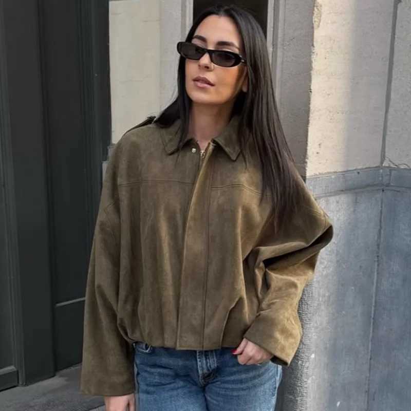 TRAF Woman 2025 Suede Bomber Jacket Green Khaki Outerwear Womens Jacket Spring Crop Oversize Long Sleeve Coats Chic Jacket 066 T250529