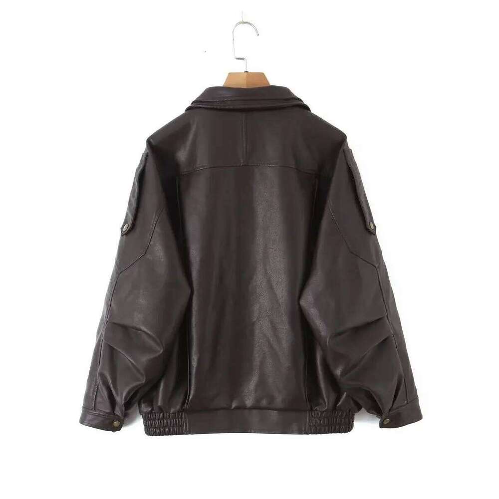 2025 Women's Dark Coffee Faux Leather Oversized BF Jackets Lady Moto Biker Punk Hip-hop Loose PU Zipper Coats Streetwear