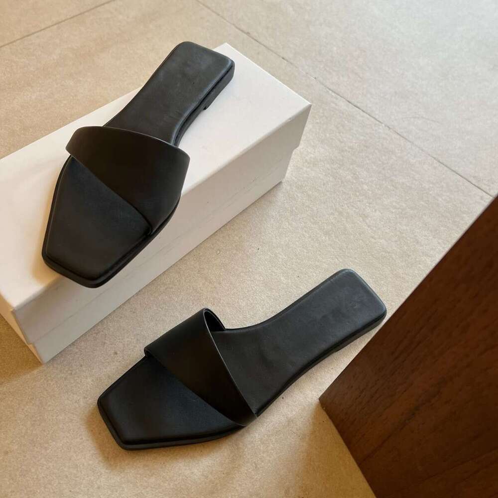Genuine Leather Niche Irregular Upper Design Flat Square Toe One-Strap Sandals for Women Outdoor Wear 2024 Summer New Style
