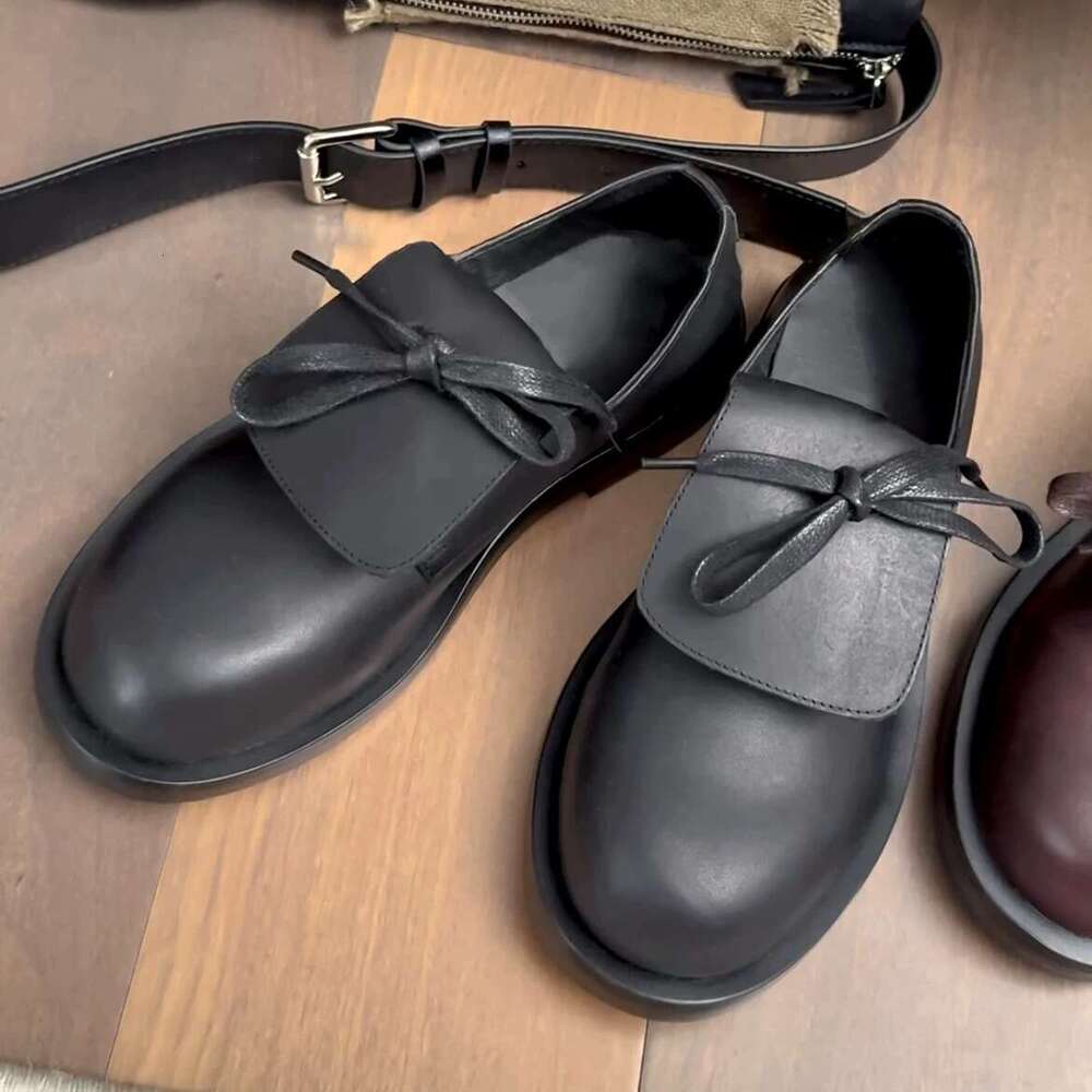 Genuine Niche Ugly Cute Big Bowknot Deep Mouth Small Leather for Women Autumn Winter Thick Heel Platform Round Toe Loafers Single Shoes