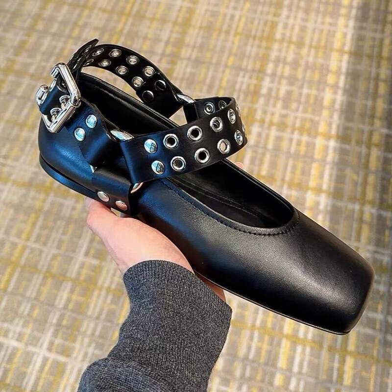 Genuine Leather Studded Buckle Square Toe Shallow Mouth Flat Ballet for Women 2025 Spring Mary Jane Shoes