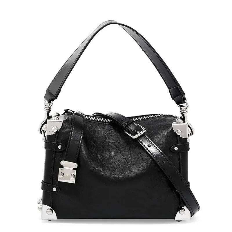 Women Genuine Rivet Handbags Female Square Soft Leather Box Shoulder Vintage Small Girls Crossbody Bag Bolsos