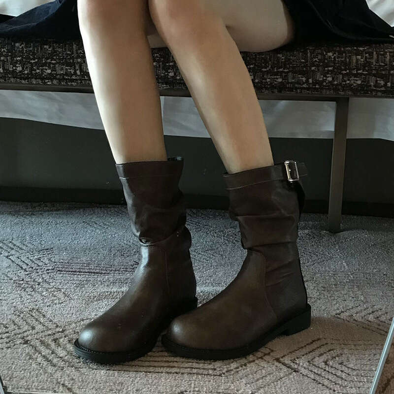 Genuine Leather Korean Style Short for Women 2024 Autumn Winter New Chunky Heel Round Toe Slouch Mid-Calf Slim Martin Boots