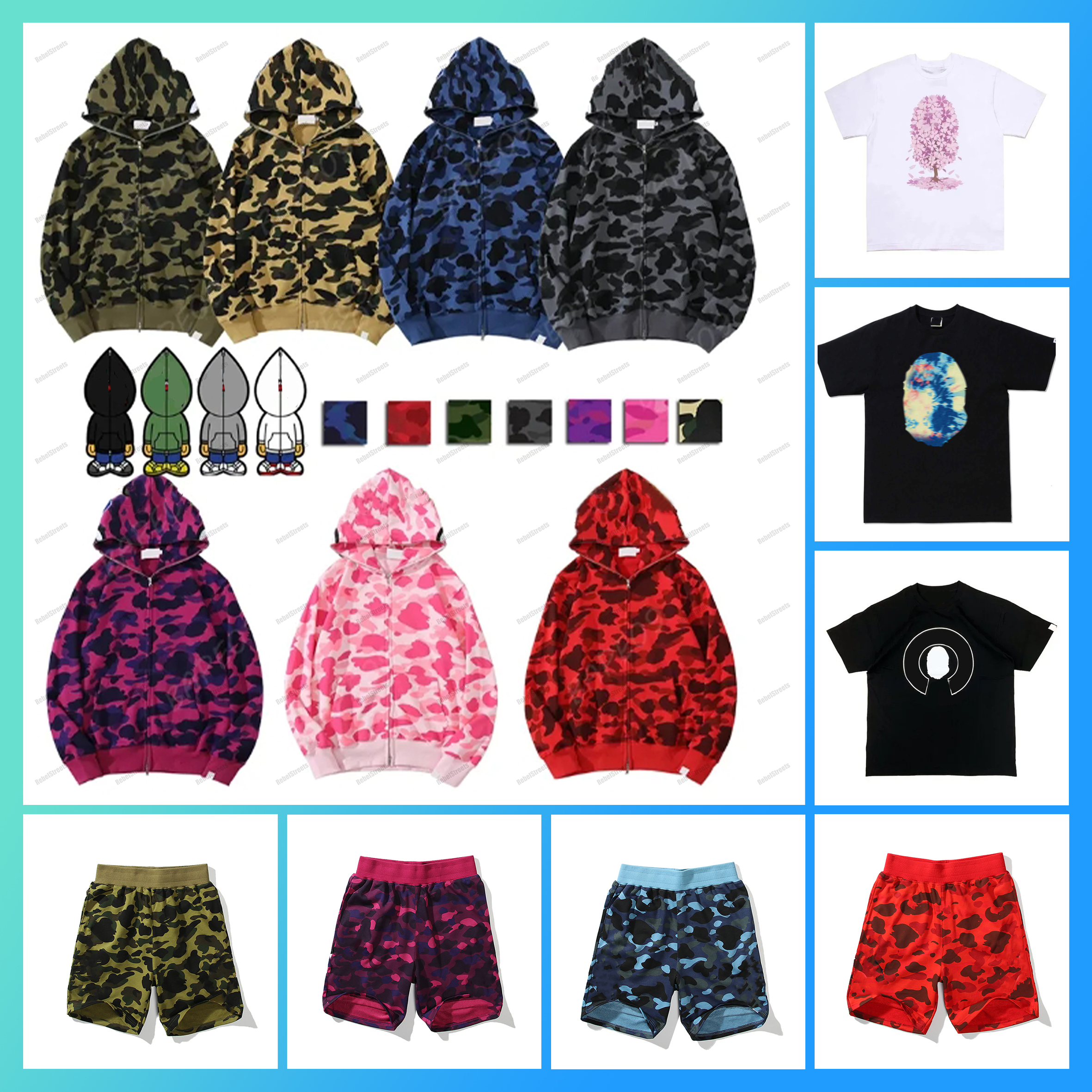 Mens bapeshorts Designer t shirt Hoodies Camo Shark Full Zip Mens Womens Deisigners Hoodie Fashion Hoody Stylist mes Hoodie Summer shorts US S-xl
