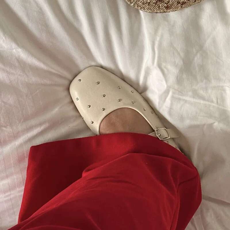 Genuine Leather Korean Style Studded Square Toe Mary Jane for Women 2025 Spring Versatile Flat Shallow Mouth Red Single Shoes
