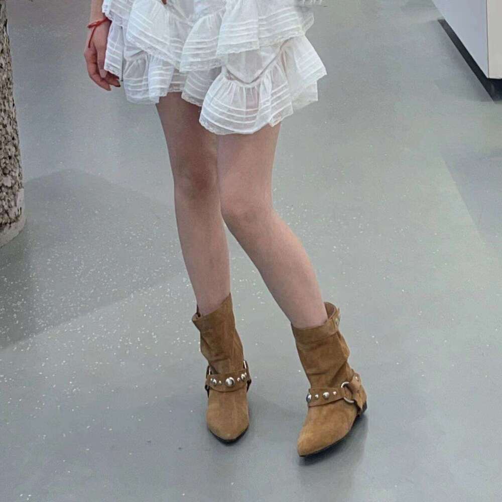 Niche Suede Metal Ring Pointed Toe Western Cowboy for Women 2024 New Flat Slim Short Boots