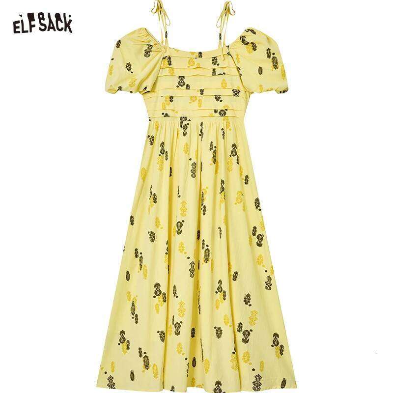 ELFSACK 2025 Summer New Arrivals Square Neck Bubble Sleeve Mid Length Dress For Women