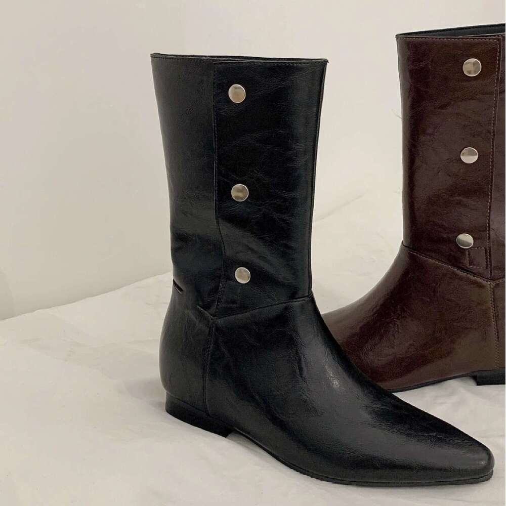 Genuine Leather Korean Style Button Pointed Toe Simple Flat Mid-Calf Riding Women Autumn Winter New Fashion Boots