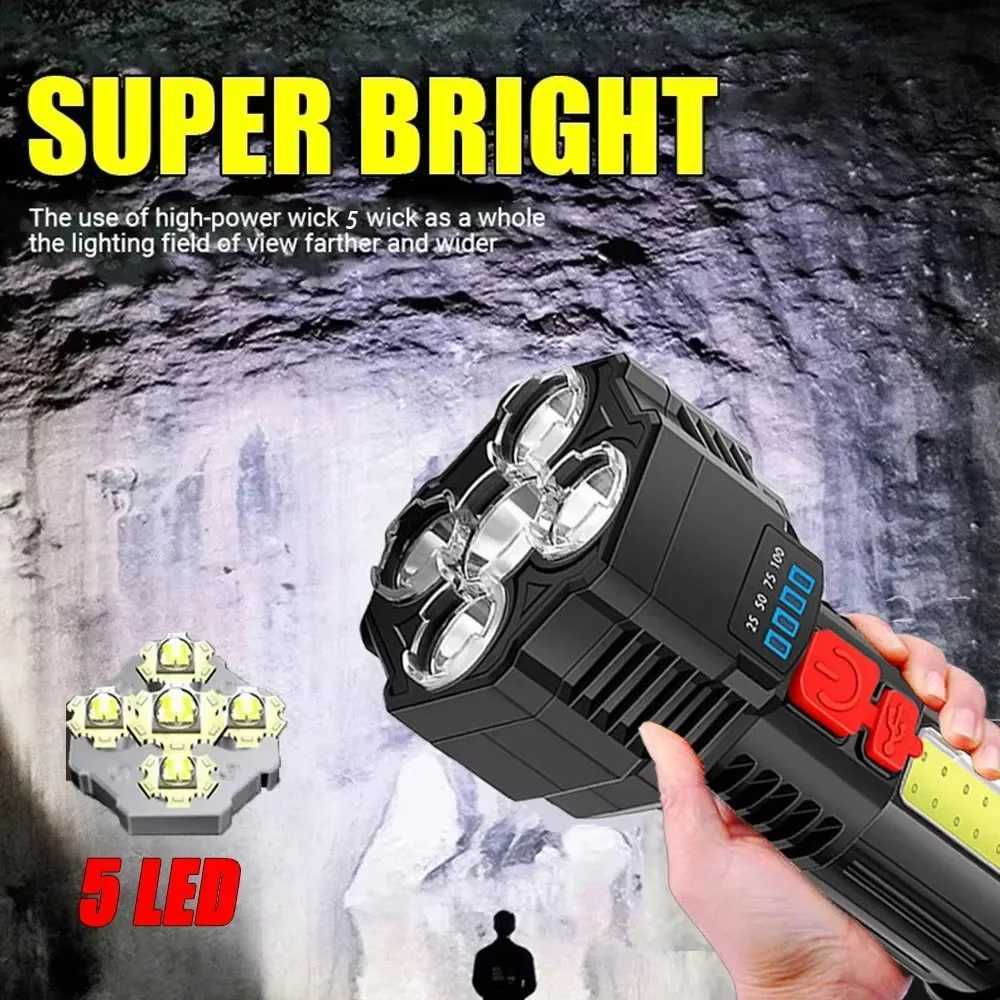 5 LED High Power LED Flashlights Rechargeable Camping Torch 5 Lighting Modes For Outdoor Camping Adventure Lamp with Side LightXJ250529