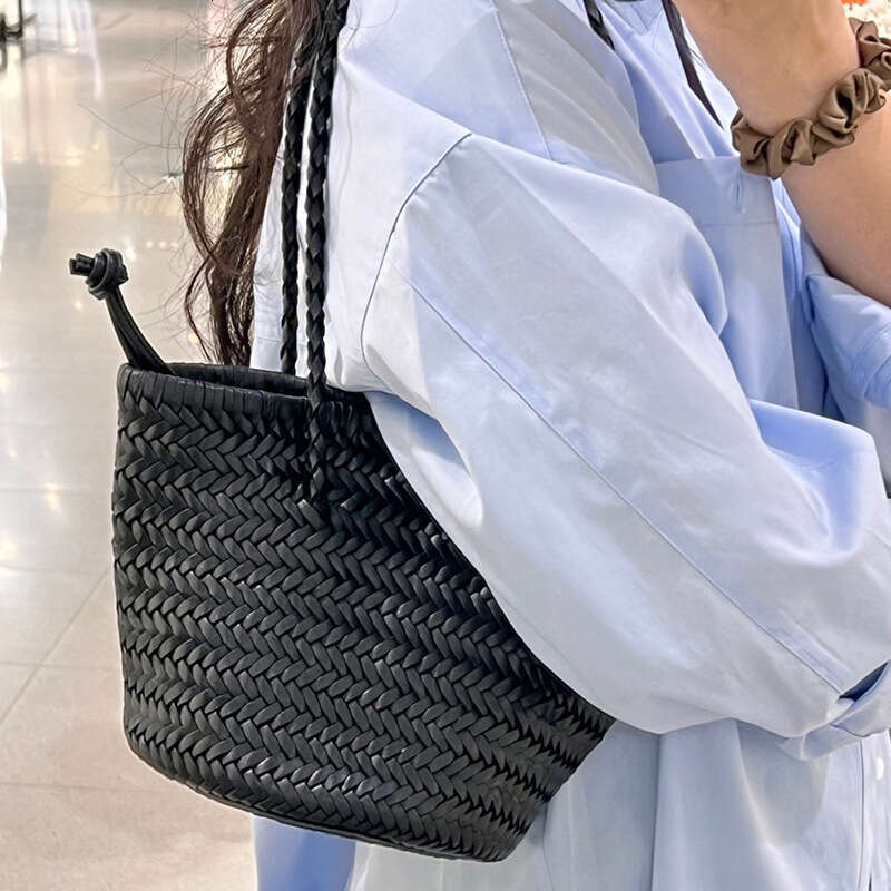 Tote Bag Braided Handbag New Handheld Basket French Style PU Leather Handmade Woven Bucket Bag Shoulder Bag