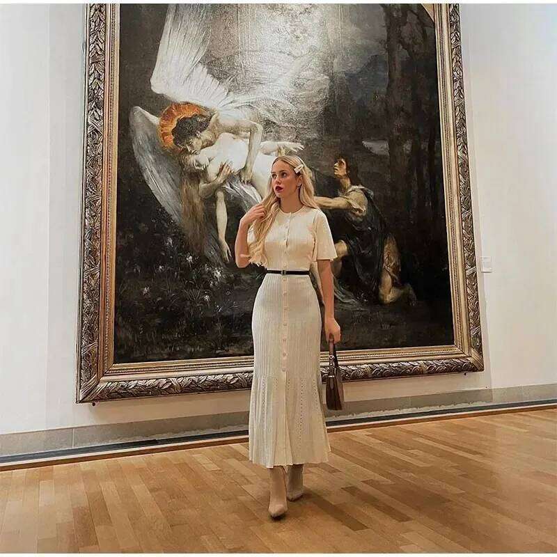 Elegant Knitted Patchwork Midi Dress Women's Short Sleeve High Waist Casual Single-Breasted Curvy Dresses Summer Black Apricot