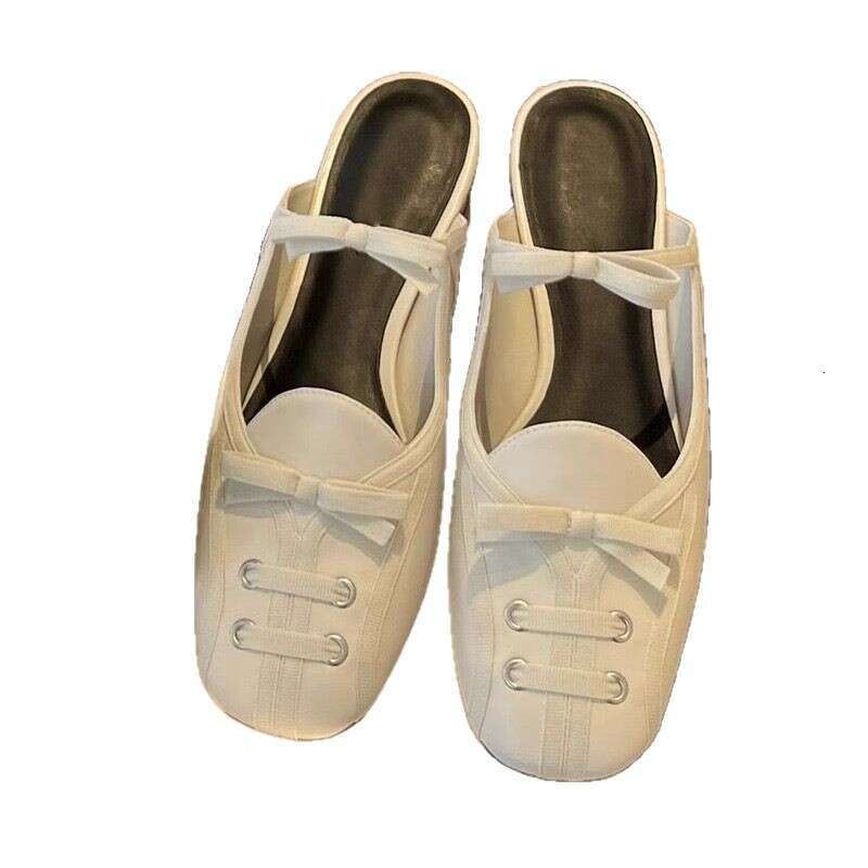 Genuine Leather Korean Style Bowknot Toe Cap Half Slippers for Women Outdoor 2025 New Spring Summer Fashion Flat Mules Sandals