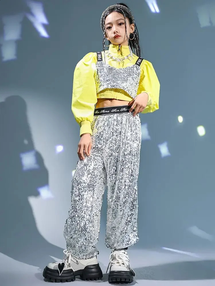 Girl Jazz Dance Costume Clothes Kid Hip Hop Clothing Yellow Puff Sleeve Crop Top T Shirt Tank Silver Sequined Casual Pants 250528