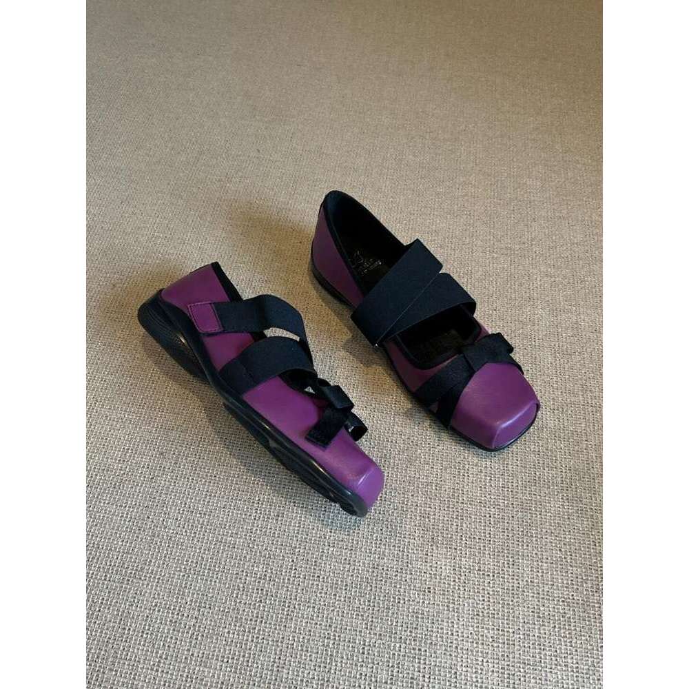 Genuine Leather Niche Bowknot Cross Velcro Low Heel Square Toe Ballet Shoes for Women 2025 Spring Mary Jane Flats