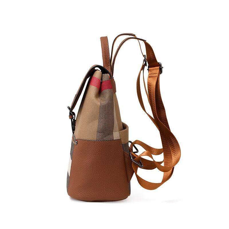 Genuine Leather Canvas Plaid Shoulder College Style Large Capacity Student Travel Lightweight Women's School Bag Backpack