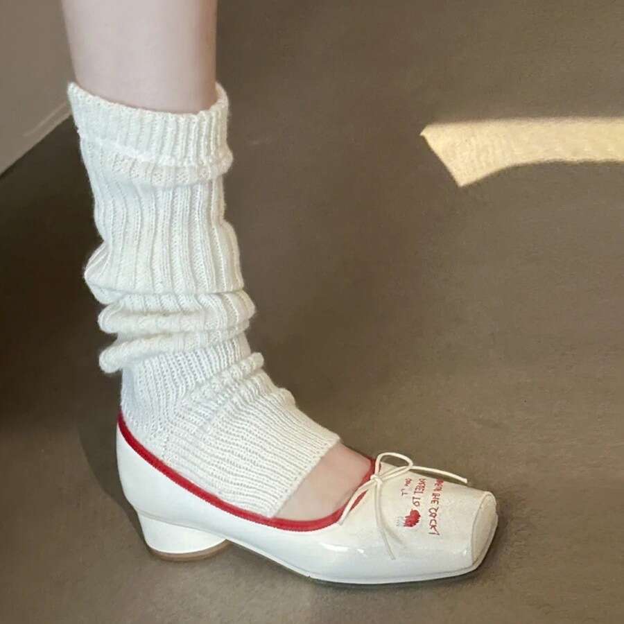 Genuine Leather French Letter Bowknot Shallow Square Toe Single for Women 2025 Spring Chunky Heel Ballet Mary Jane Shoes