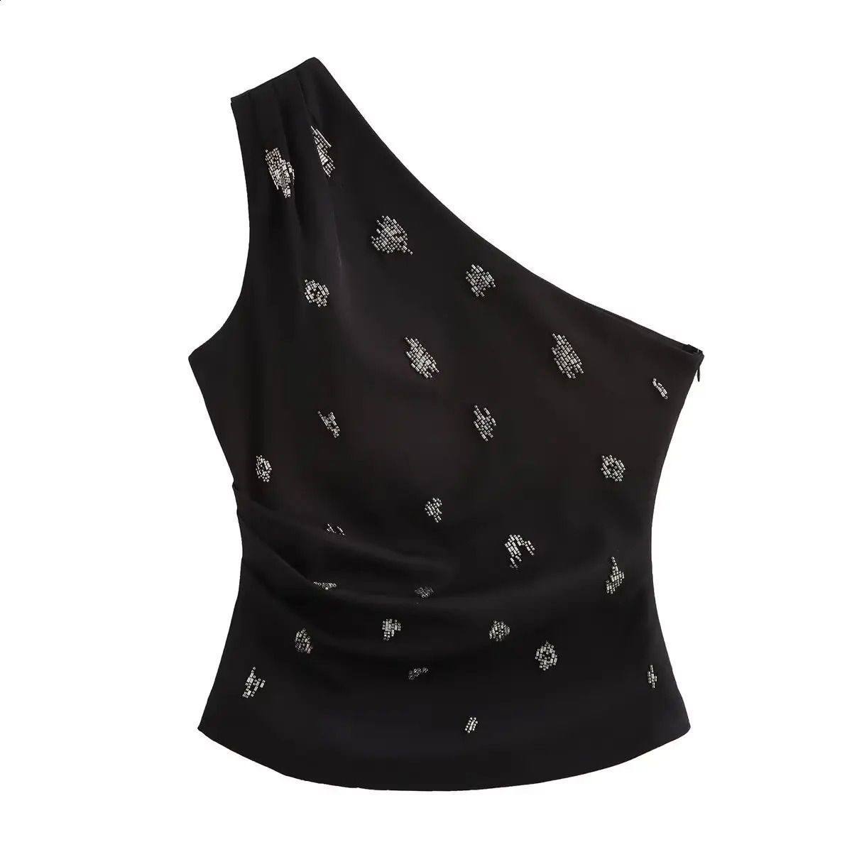 2025 Women Sexy Single Shoulder Pearl Beading Asymmetrical Blouse Tshirt Summer Side Zipper Slim Shirts Chic Tops 250517