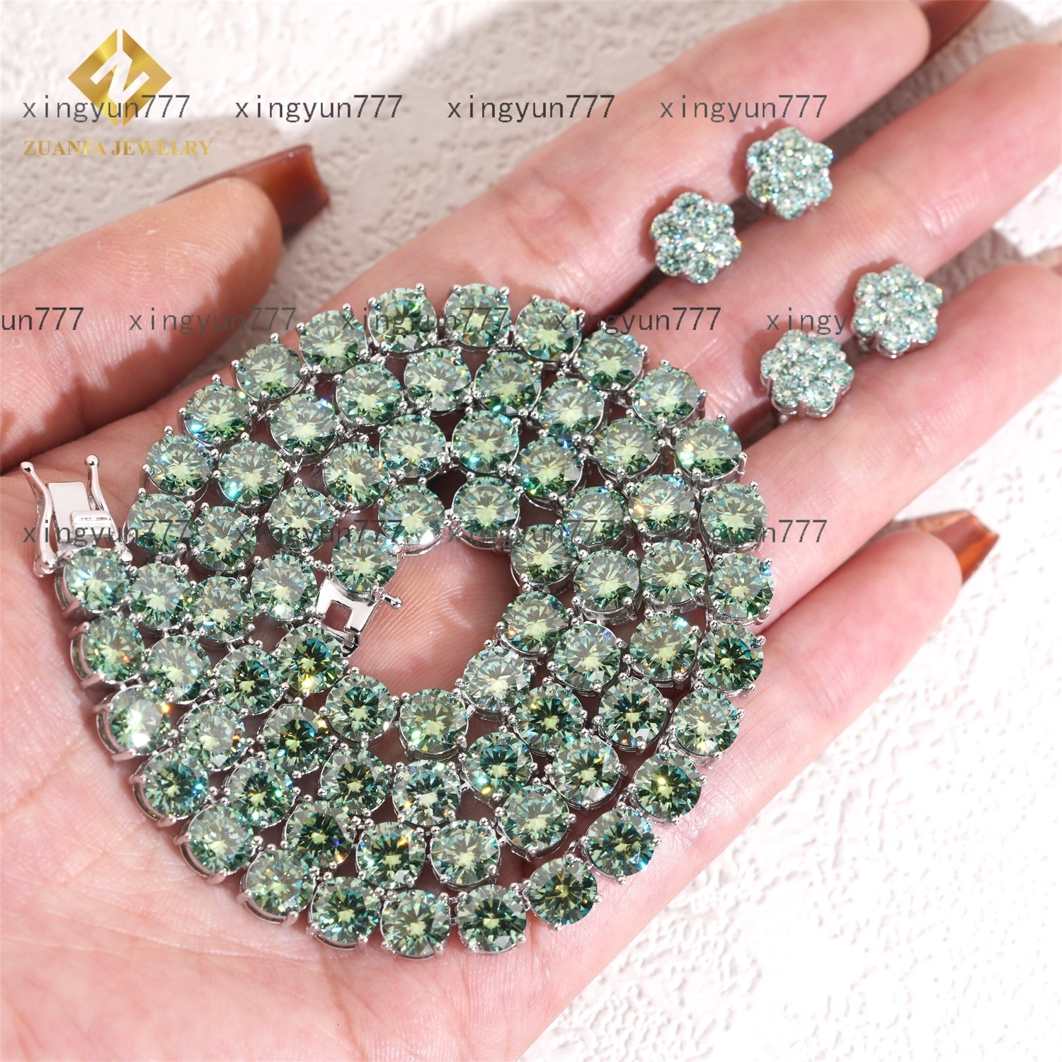 Ready Shipping 6.5mm Blue Green Moissanite Tennis Necklace with Earring Set Fashion 925 Silver Iced Out Moissanite Tennis Chain