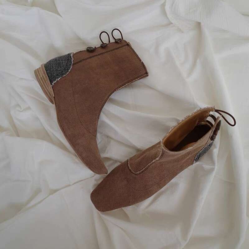 Chinese Style National Trend Niche Design Shoes with Hollow Button Short for Women 2024 New Thick Heel Martin Boots