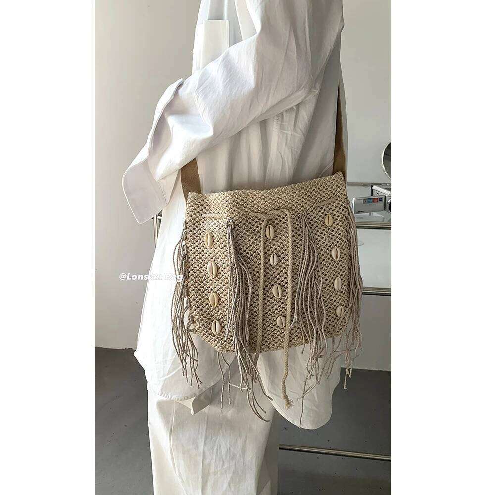 Women's Bags Designer Tassel Shell Straw Summer Bucket For Women Wide Strap Shoulder Bag Bohemian Rattan Beach Bags Purses And Handbags Chic