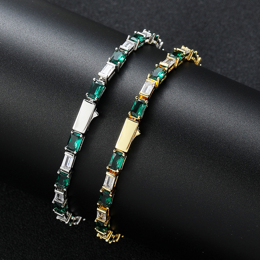 Sparkly Baguette Emerald Tennis Bracelet Spring Buckle Rectangular Green White Cubic Zirconia Bling Cz Stones Hip Hop Bangle For Women Wolf Tide Pulse