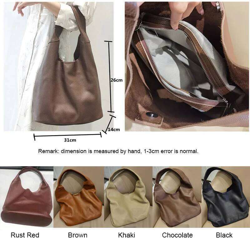 Famicare Full Grain 100% Genuine Leather Bag For Women Lady Female Shoulder Soft Cowhide Tote Bucket Handbag Large Capaci