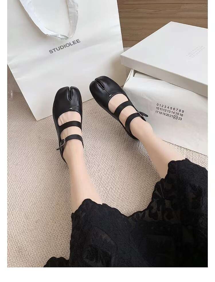 Grape Mom Same Style Mary Jane Women's Spring and Autumn New Double Strap Pig Hoof Split Toe Genuine Leather Flat Shoes