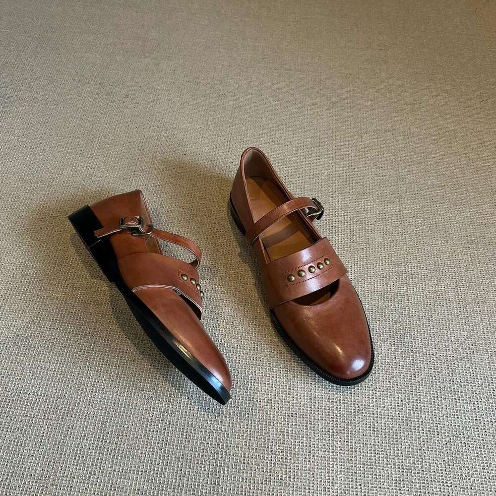 Genuine Leather British Style Studded Hollow Loafers Women 2025 Spring Chunky Heel Mary Jane Shoes