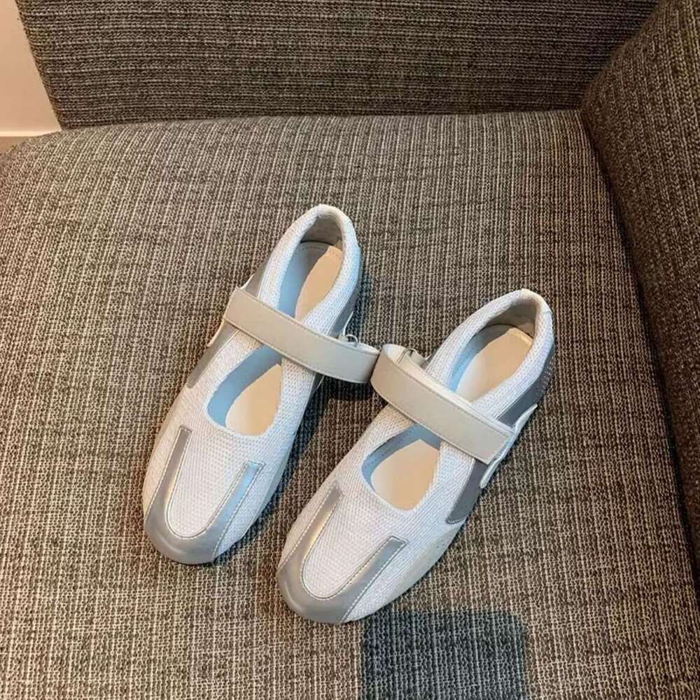 Genuine Leather Korean Style Niche Silver Mary Jane Ballet Flat Velcro Casual Sneakers White Shoes for Women
