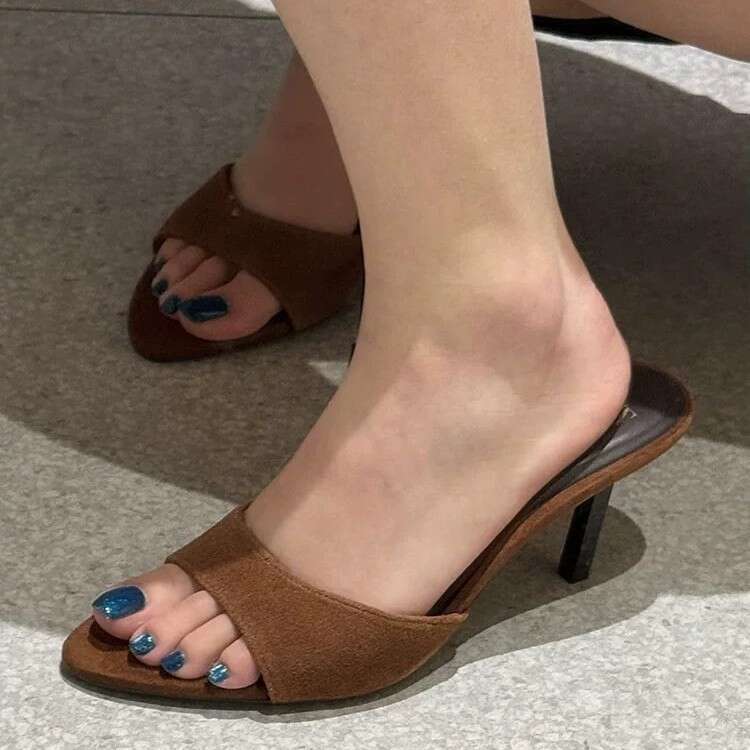 Genuine Leather Suede Minimalist Open-Toe One-Strap Sandals for Women, Outdoor Wear, Spring/Summer 2025, Versatile Stiletto High Heel Slippers