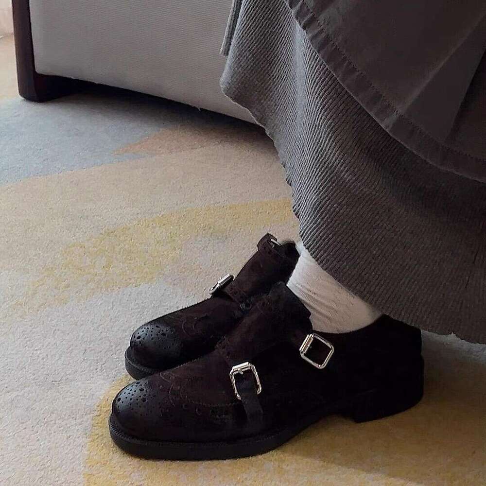 Genuine Vintage Thick Heel Platform Round Toe Deep Mouth Loafers Oxford Carved Derby Small Leather Women's Shoes
