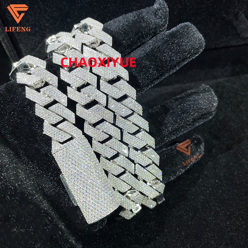 White Gold VVS Moissanite Cuban Link Necklace 15mm 4row Diamond Chain 925 Sterling Silver Fine Hip Hop Jewelry for Men
