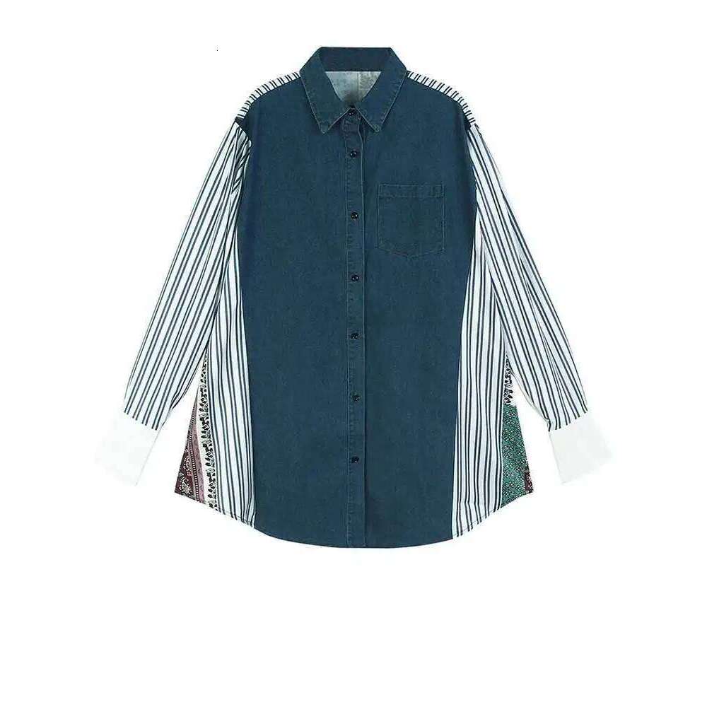 Women's Wear Women Blue Pattern Printed Denim Big Size Blouse New Lapel Long Sleeve Shirt Fashion Tide Spring Autumn 1Dh4876