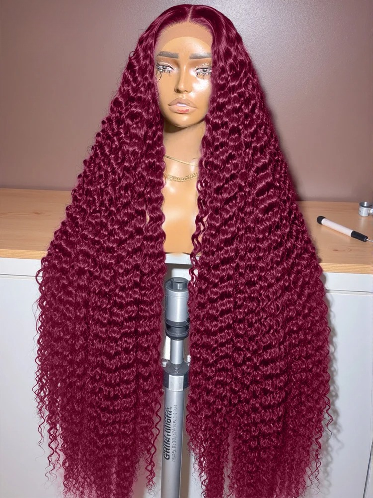 30 40 Inch Burgundy 13x6 Hd Lace Frontal Human Hair Wig Red Colored 13x4 Transparent Lace Curly Deep Wave Frontal Wig Synthetic