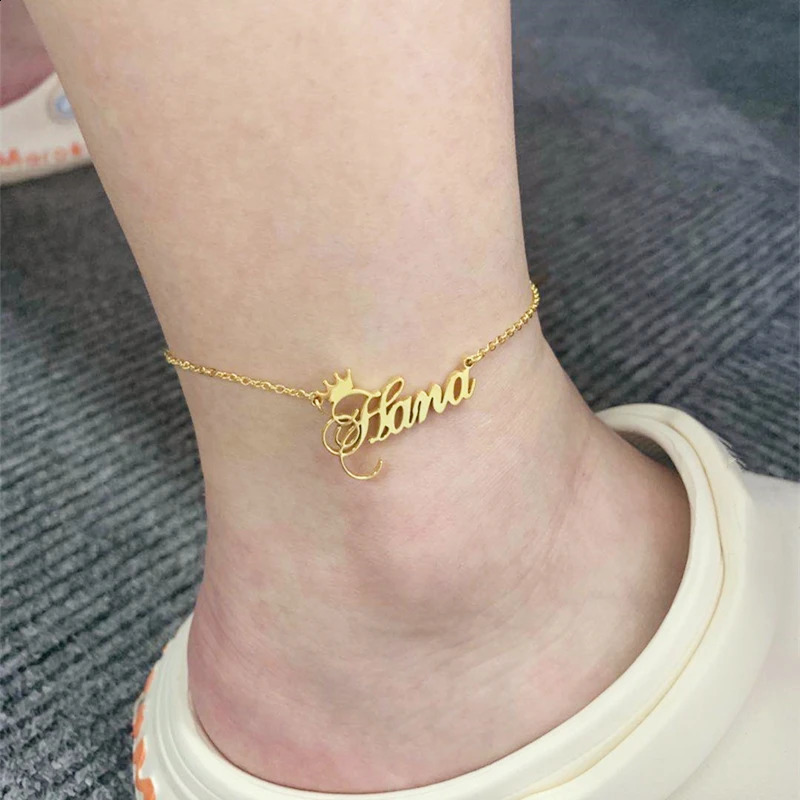 Custom Name Crown Anklet Personalized Jewelry stainless steel 1310CM Chain Summer Layered Anklet Gift 250526