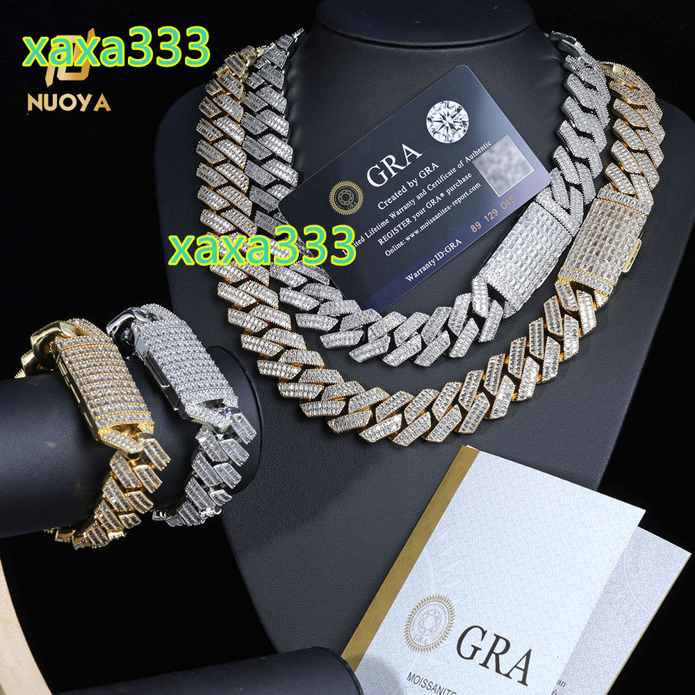 NUOYA Fine Jewelry 20mm 925 Sterling Silver Chunky Cuban Link Chain Pass Diamond Test Baguette VVS Moissanite Necklace Women