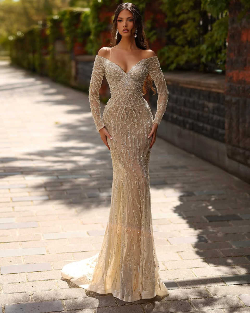 Exquisite Mermaid Wedding Dress V Neck Beading Sequins Bride Gowns Long Sleeve Detachable Sweep Train Bridal Dresses Customized