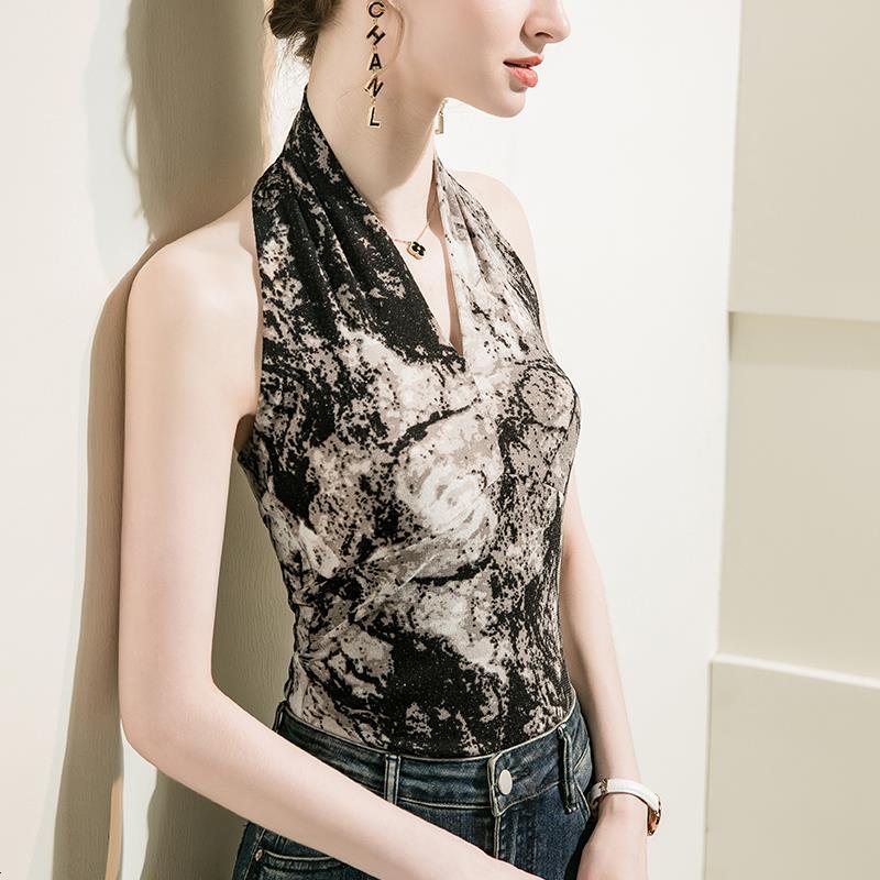 Designer Shirt Bright Silk Hanging Collar Printed Vest Women's Sexy Summer New Sleeveless Basic Shirt Off The Shoulder Fashion Designer 2025 New 