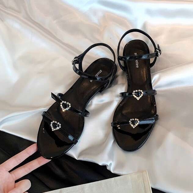 Grape Mom Style Round Toe One Double Strap Heart Diamond Buckle Low Chunky Heel Sandals Women Summer Slippers