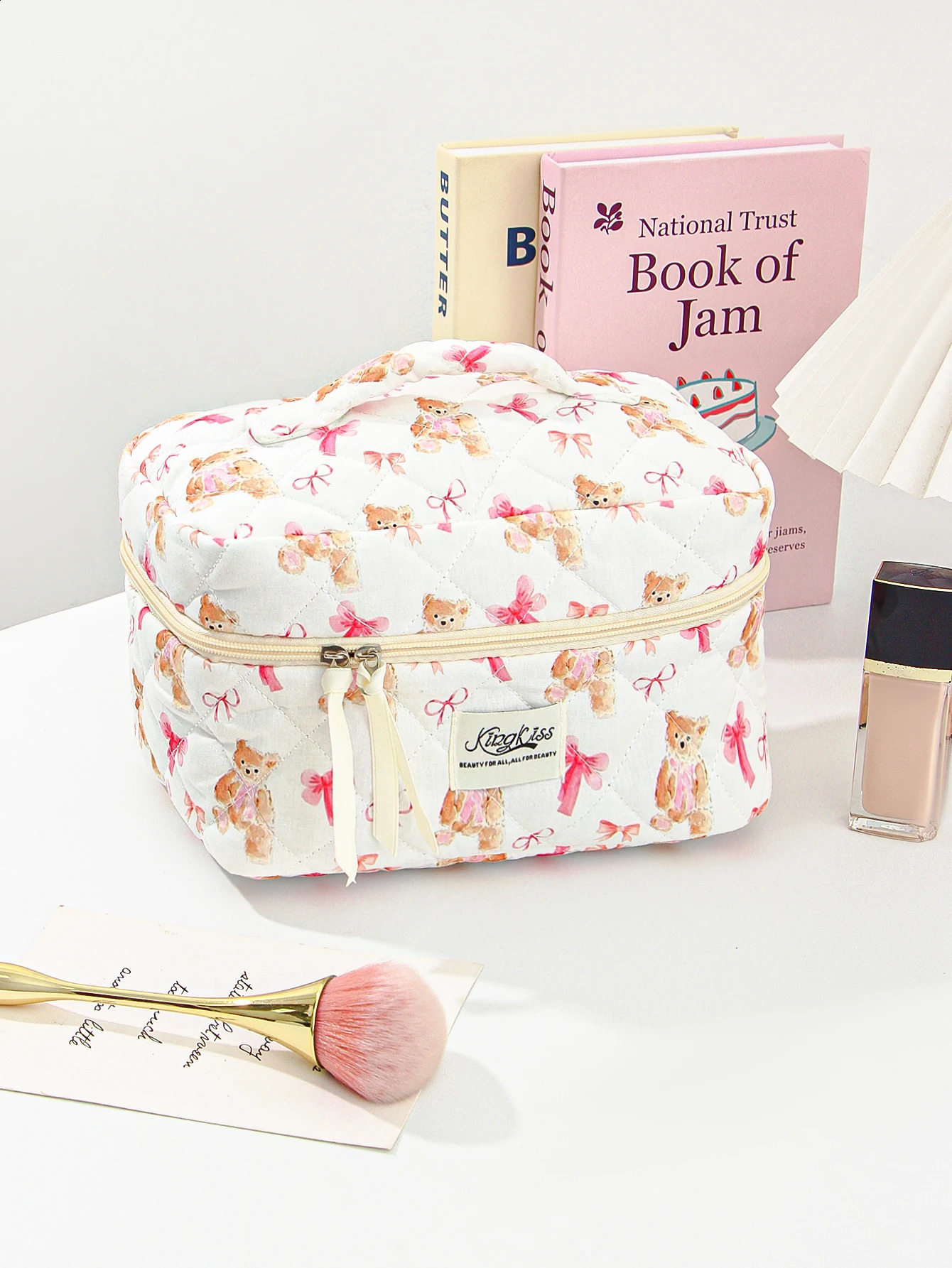 Cute Small Bear Pattern Makeup Bag Set Quilted Cosmetic Aesthetic Travel Toiletry Bags 250528