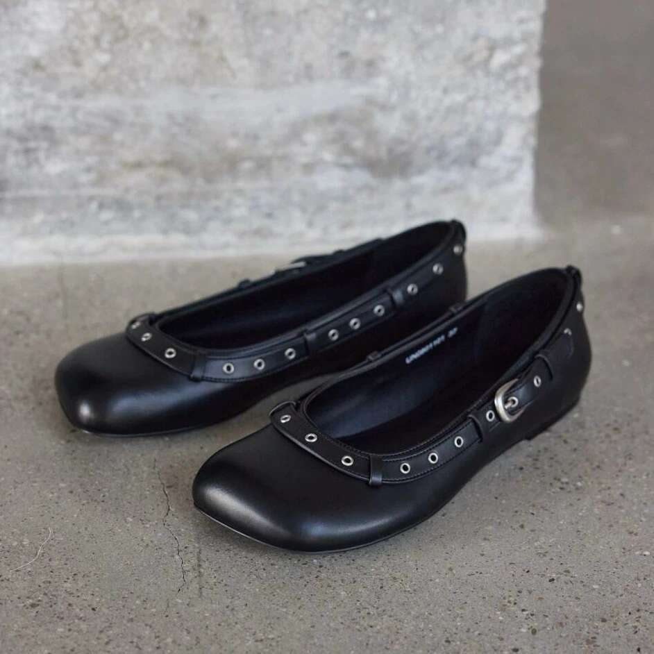 Genuine Leather French Niche Square Toe Shallow Mouth Studded Punk Single for Women 2025 New Spring Summer Ballet Flat Shoes