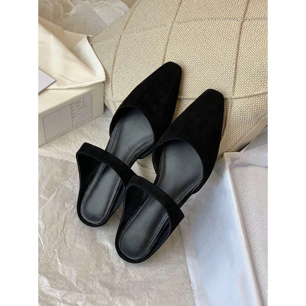 Baotou Half Slippers for Women 2023 New Summer Flat Pointed Genuine Leather Suede Mary Jane Shoes