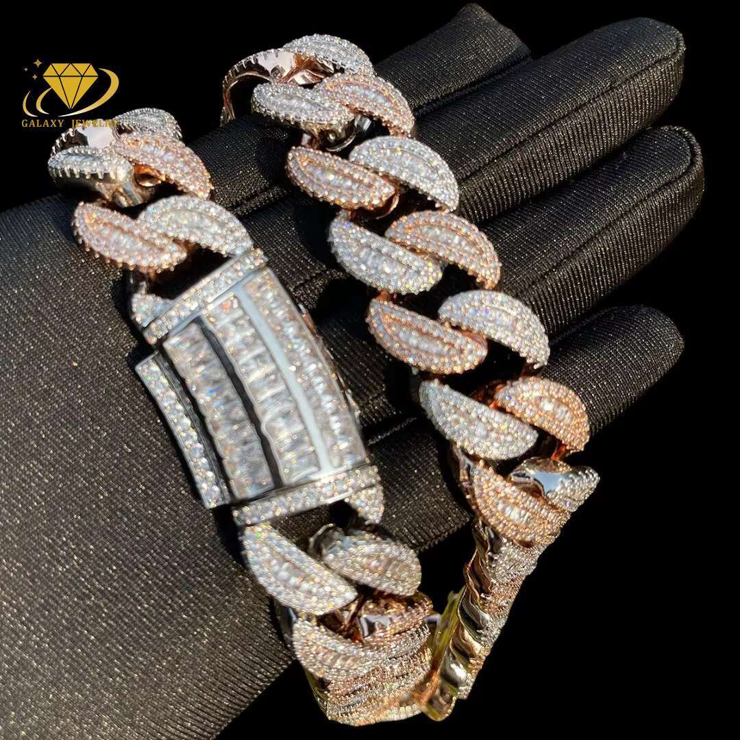 Luxury Hip Hop Chain Cuban Necklace Bling Moissanite Baguette Cuban 925 Silver Gold Plating Iced Out Miami Cuban Link Chain