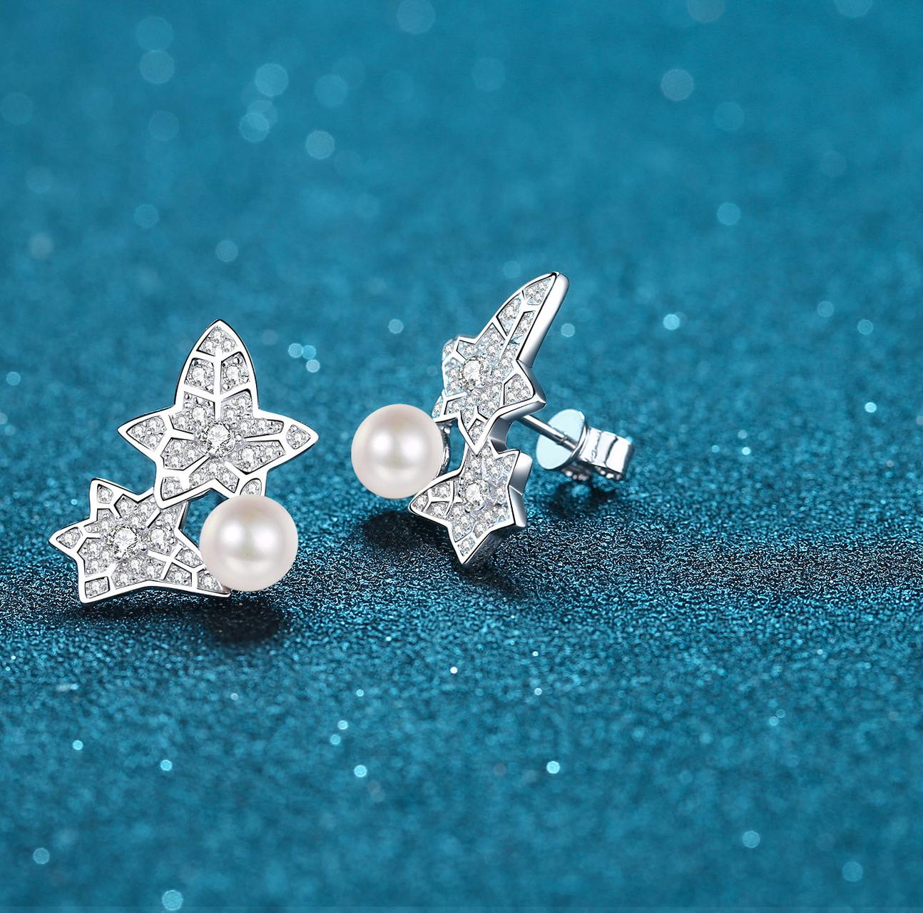925 Sterling Silver Freshwater Pearl Floral Leaf Earrings with Flawless Moissanite Studs Popular Network Style Wholesale