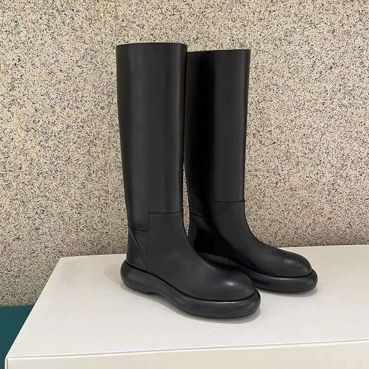 Straight Knight for Women 2024 New Autumn Winter Thick Sole Round Toe Slimming Over-the-Knee Mid-Length High Tube Boots