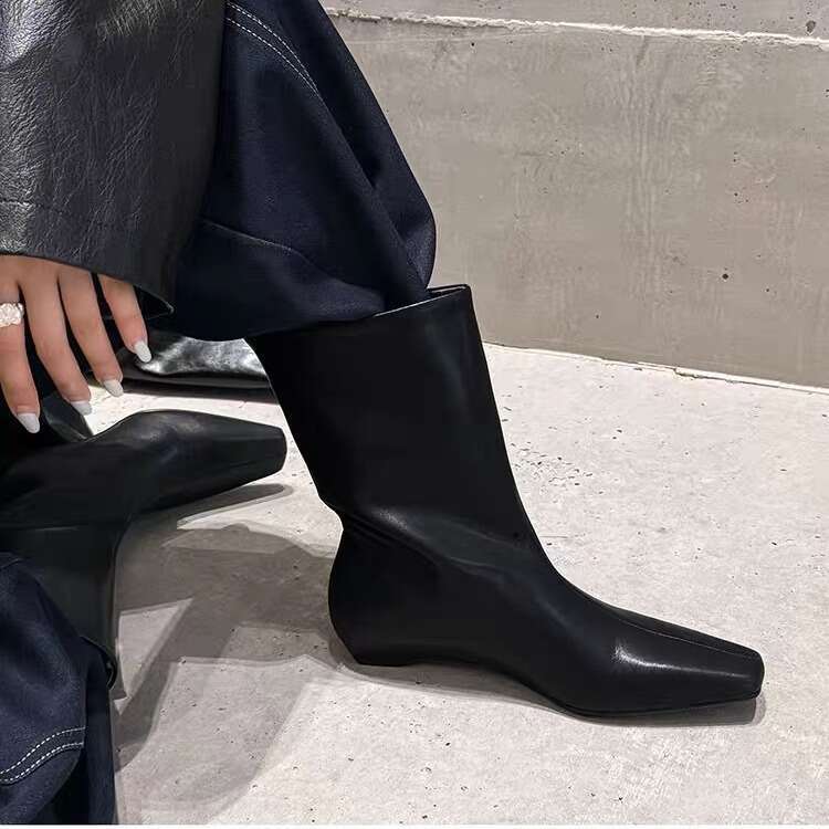 Genuine Leather Korean Style Square Toe Flat Mid-Calf Short for Women 2024 Autumn Winter New Versatile Western Cowboy Boots