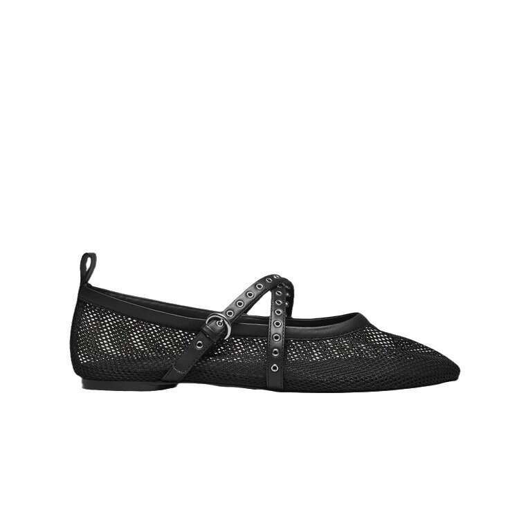 Genuine Leather Flat Ballet for Women Spring Summer New Breathable Mesh Round Toe Mary Jane Shoes