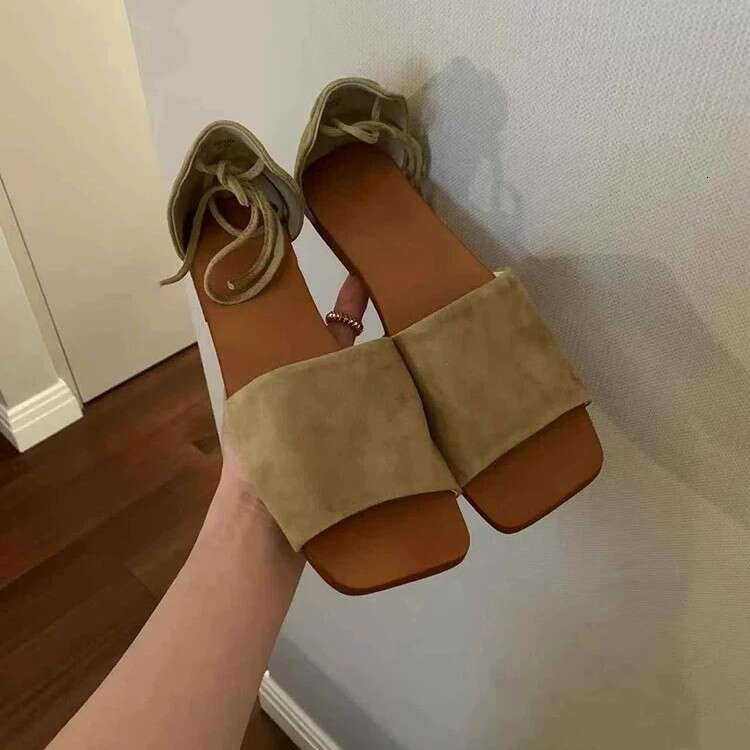 Cowhide Version ~ Korean Style Niche Open-Toe One-Strap Sandals Women 2025 Summer Flat Lace-Up Backless Half Slippers for Outdoor Wear