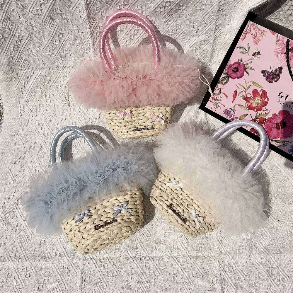 Women's Designer Fashion Fluffy Lace Straw Handbags Pearls Chain Shoulder Bohemian Lafite Basket Bags For Women Travel Beach Rattan Bag